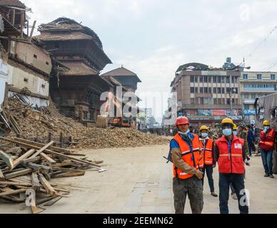 KATHMANDU, NEPAL - APRIL 26, 2015: Rescue team at Durbar Square which was severly damaged after the major earthquake on 25 April 2015. Stock Photo