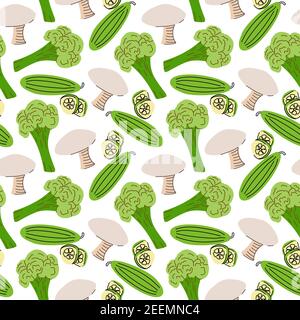 Seamless pattern with mushrooms, cucumber slices, broccoli on a white background. Vector illustration of ingredients for food backgroundin a flat Stock Vector