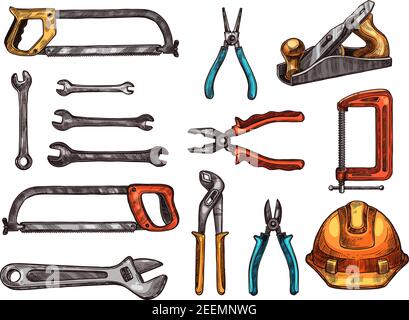 Hand tool isolated sketch set. Spanner, adjustable wrench, pliers, hard hat, saw, wire cutters, jack plane, clamp symbols. Work tool and instrument fo Stock Vector