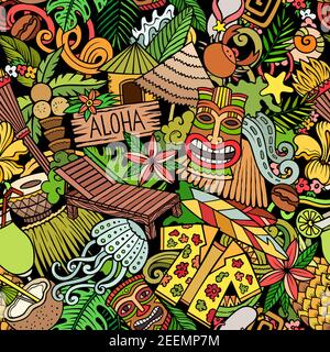 Cartoon doodles Hawaii seamless pattern. Stock Vector