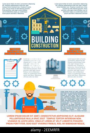 Building construction banner or poster. Construction site poster of crane and builder with work tool, hammer, spanner, trowel and brick wall for const Stock Vector