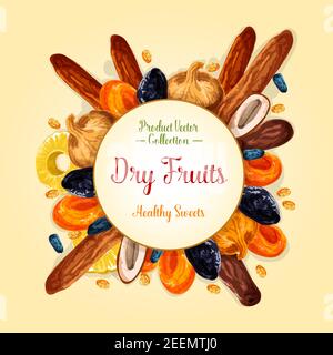Dried fruit label of healthy snack food. Raisin, prune, apricot, date, fig, candied pineapple ring and banana, grape and plum fruit with round badge i Stock Vector