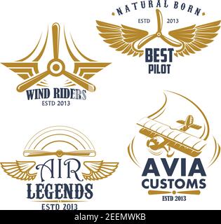 Aviation pilots and retro airplane icons. Vector isolated set of aircraft propeller and wings for avia customs badges, airscrew for air flight legend Stock Vector