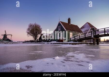 Zaanse Schans windmill village during winter with snowy landscape, snow covered wooden historical windmills Zaanse Schans Netherlands Holland. Europe Stock Photo