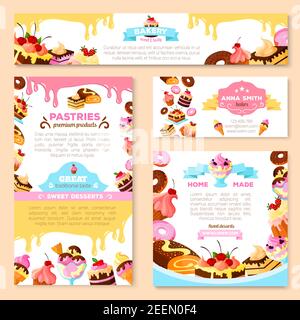 Bakery shop or pastry patisserie banners and posters templates set. Vector dessert cakes and pastry cupcakes, chocolate biscuits or brownie and tirami Stock Vector