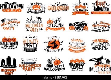 Happy Halloween icons set for party or holiday greeting card. Vector set of orange Halloween pumpkin lantern, ghost or zombie and vampire, witch at ha Stock Vector