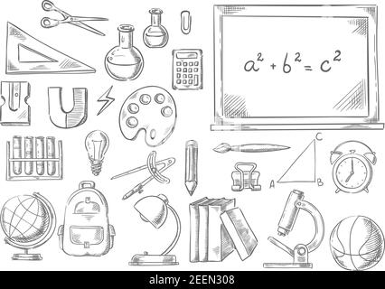 School supplies and study stationery sketch icons. Vector isolated set of math ruler, scissors or calculator on chalkboard, geography globe, physics m Stock Vector