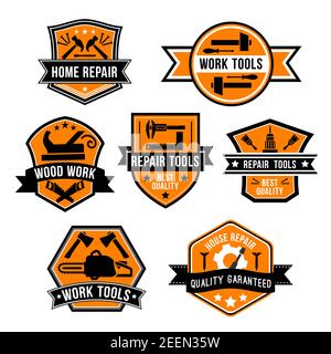 Work tool symbols and icons. Hammer, screwdriver, paint brush, drill, saw, axe, jack plane, screw and nails on orange shield with ribbon banner and st Stock Vector