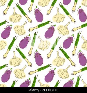 Seamless pattern with eggplant, garlic, lemongrass on a white background. Vector illustration of ingredients for food background in a flat doodle Stock Vector