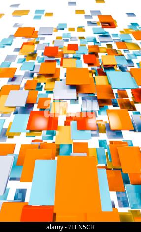 Futuristic 3d illustration of colorful squares, rectangles and geometric shapes on a white background. Abstract image of cubes or block background Stock Photo