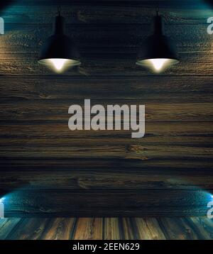 Background of old wood floor and wall in the darkness.3d illustration.Empty space backdrop and spot lights or lamp lights Stock Photo