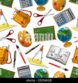 School time seamless pattern. Vector stationery and lesson books, backpack or rucksack and calculator, world globe and geometry formula on chalkboard Stock Vector