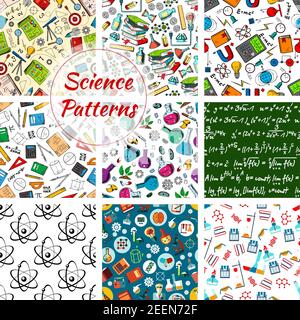 Science seamless patterns. Vector set of study appliances and scientific books, biology DNA in microscope, astronomy planet globe or chemistry beaker Stock Vector