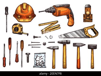 Work tools sketch icons. Vector isolated set of safety helmet, screwdriver or spanner and screws bolts, hammer mallet or saw and ruler measure-tape, c Stock Vector