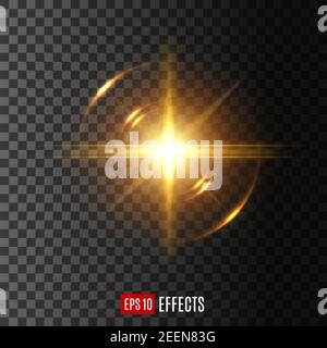 Light shine flash or sun beam with lens flare effect on transparent background. Starlight or spotlight ray of glittering sunlight or twinkling glitter Stock Vector