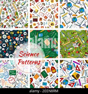 Science and education seamless pattern of supplies, book, pencil and chemistry laboratory research, atom, molecule, physics experiment and test, formu Stock Vector