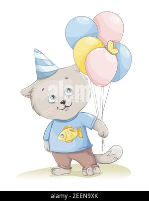 Cute kitten cartoon character holding balloons. Stock vector illustration, clipart, usable for birthday party greeting card, invitation Stock Vector