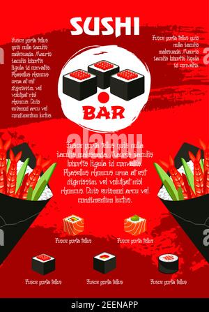 Sushi bar red poster template for Japanese restaurant or Asian cuisine menu. Vector fish sushi rolls, tuna sashimi or eel unagi maki and Philadelphia Stock Vector
