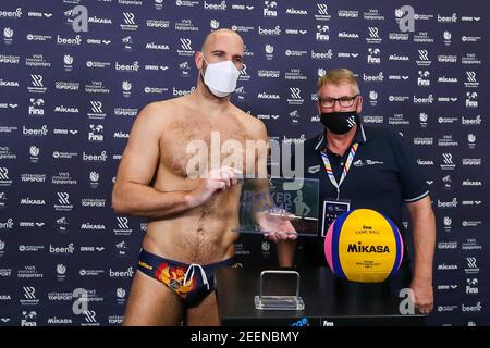 ROTTERDAM, NETHERLANDS - FEBRUARY 16: Aleksandar Ivovic of Montenegro during the Olympic Waterpolo Qualification Tournament 2021 match between Brazil and Montenegro at Zwemcentrum Rotterdam on February 16, 2021 in Rotterdam, Netherlands (Photo by Marcel ter Bals/Orange Pictures) Stock Photo