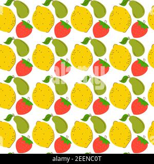 pattern seamless three element fruits. Colorful Fruity and tasty Sweets and candies. lemon, avocado, strawberry Vector Trendy illustration. Cartoon st Stock Vector