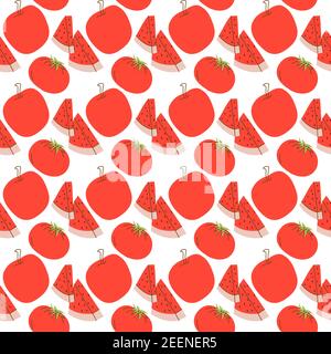 fruit pattern with color red, watermelon,tomato,apple. vector seamless pattern of fruit vector illustration Stock Vector