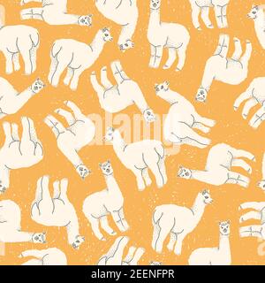 Vector seamless pattern of llama or alpaca on a yellow background. Hand drawn flat multicolor. Stock Vector