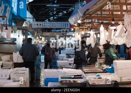 Tokyo, Japan - Jan 22 2016: fish vendors at Tsukiji Fish Market in Tokyo Stock Photo