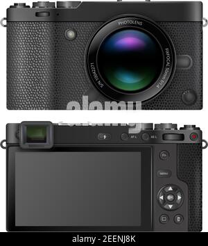 Compact mirrorless interchangeable lens digital photo camera with  electronic viewfinder EVF, retro design. Vector illustration Stock Vector