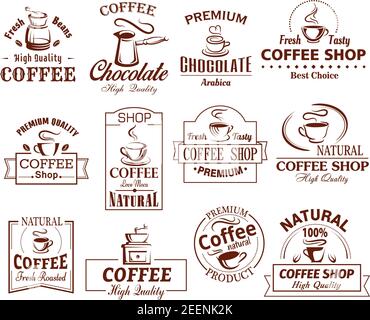 Coffee cup icons template for coffeeshop of coffeehouse and cafeteria. Vector set of coffee makers, hot chocolate, strong espresso or americano steam, Stock Vector