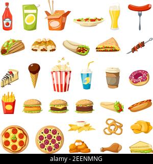 Fast food flat icons set. Vector isolated cheeseburger burger, hot dog sandwich and pizza, donut or popcorn dessert and coffee drink, cake or burrito Stock Vector