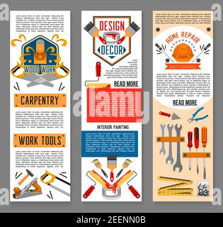 Construction tool, interior painting and home repair banners. Screwdriver, hammer, paint and brush, roller, wrench, pliers, spanner, trowel, saw, tape Stock Vector