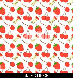 seamless pattern with fruit cherry, strawberry, apple. Hand drawn cherry isolated on white background. Doodle style. Seamless pattern. Design element Stock Vector