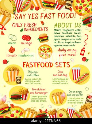 Fast food menu template of snacks, drinks and burgers. Vector combo set of cheeseburger, pizza or hot dog and fries, hamburger sandwich or coffee and Stock Vector