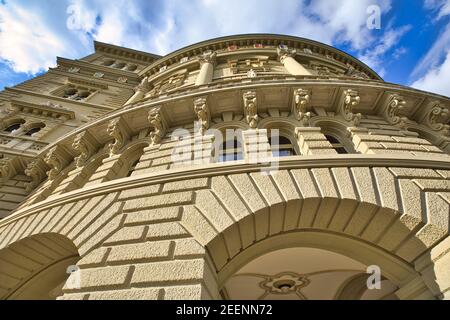 Bottom view of details of Parliament building or Bundeshausthe houses the Swiss Federal Assembly and the Federal Council. Landmark of historical old Stock Photo