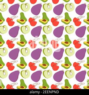 fruit pattern with coloring eggplant, avocados, green apples, cherries. Seamless retro background with fruits and vegetables Stock Vector