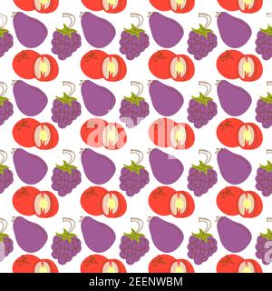 pattern background with fruit elements of tomato, eggplant, grapes. Cute vector seamless pattern with colorful doodles of fruits, berries and vegetabl Stock Vector