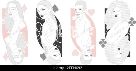 Single line woman illustration set in style of playing cards. Four Queens minimalist style figures. Stock Vector