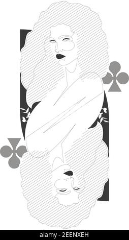 Queen of clubs one line illustration. Minimal design beautiful woman inspired by playing cards Stock Vector