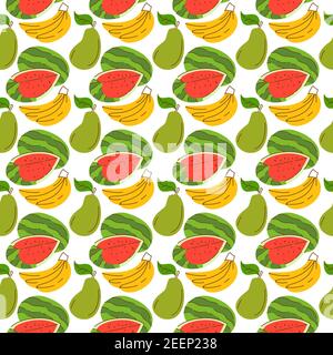 pattern background with fruit elements,watermelon, banana, mango. Seamless pattern with fresh organic fruits. The pattern can be repeated or tiled wit Stock Vector