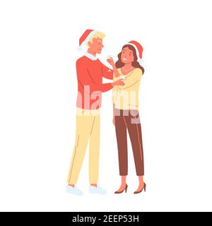 People celebrate New Year holiday, young happy couple in Santa hat celebrating fun party Stock Vector