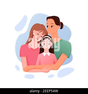 Mixed race family people standing and hugging, multiracial homosexual leisbian couple Stock Vector