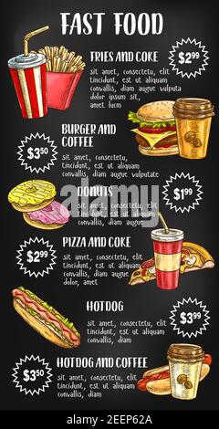 Fast food menu design on chalkboard with burger, drink, dessert. Hamburger, hot dog, fries, pizza, donut, coffee and cheeseburger takeaway meal sketch Stock Vector