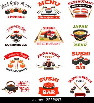 Sushi restaurant or bar icons for menu template. Vector isolated set of fish sushi rolls, rice and salmon tobiko, eel or tuna sashimi and ramen noodle Stock Vector
