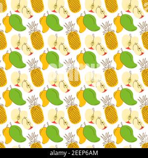 pattern background with three element fruits coloring. Tropic summer seamless pattern with pineapple, mango, apple Stock Vector