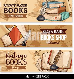 Old book with feather pen and inkwell sketch banner set. Vintage book, antique paper document or manuscript with ancient quill pen, inkpot and bookmar Stock Vector