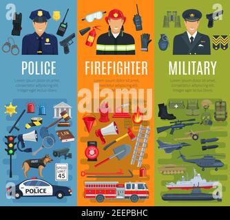 Police, firefighter and military profession banner set. Policeman, fireman, army soldier or officer professional in uniform with fire fighting equipme Stock Vector