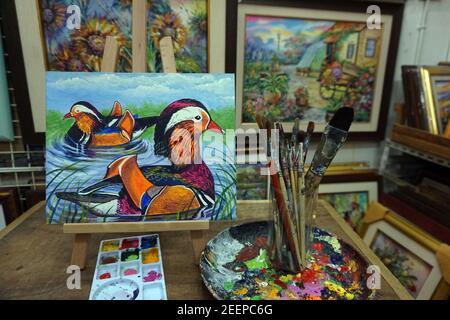 oil ,color ,Palette ,, paintbrush ,, Art ,painting ,Acrylic ,color ,Mandarin duck Stock Photo