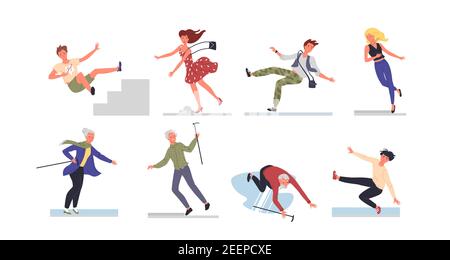 People fall set, young and old woman man falling down ladder stairs or on wet floor Stock Vector