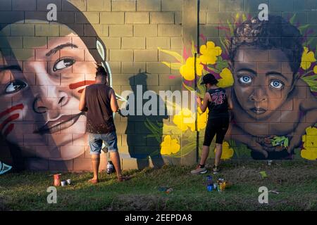 Argentinean graffitists / graffiti artists creating mural painting on a wall in the town San Cosme, Corrientes Province, Argentina Stock Photo