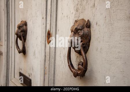 Selective focus shot of rusty lion-shaped door knocker Stock Photo